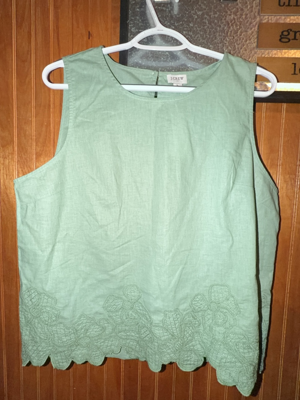 J. Crew Seafoam Sleeveless Linen Shell with Scalloped Embroidered Hem
